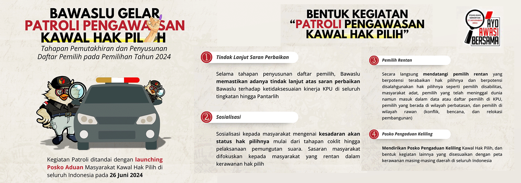 Setelah Bawaslu meluncurkan Posko Aduan Masyarakat Kawal Hak Pilih secara serentak diseluruh Indonesia pada 26 Juni 2024 lalu, kini Bawaslu gelar "Patroli Pengawasan Kawal Hak Pilih" sebagai tindak lanjutnya.