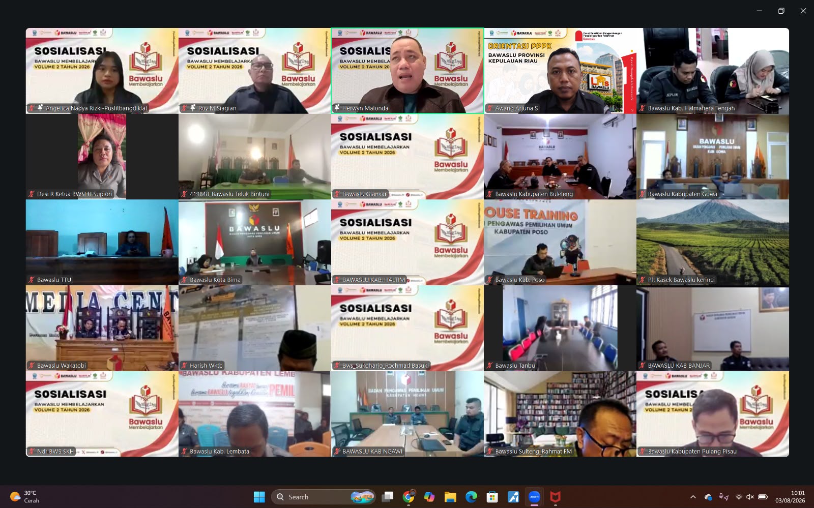 Suasana sosialisasi awal seleksi Bawaslu Membelajarkan Volume 2 yang diikuti jajaran Bawaslu se-Indonesia secara daring, Senin, 3 Agustus 2026/Foto: Pemberitaan Bawaslu Bintan