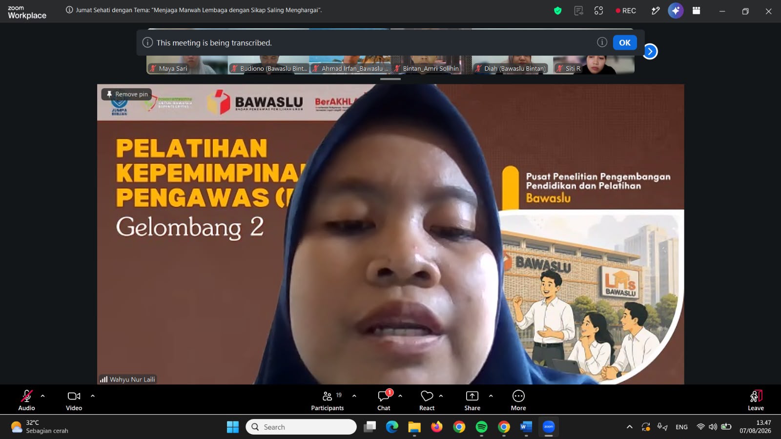 Wahyu Nur Laili berbicara dalam Jumat Sehati bertema “Menjaga Marwah Lembaga dengan Sikap Saling Menghargai” yang digelar Bawaslu Bintan secara daring, Jumat, 7 Agustus 2026/Foto: Pemberitaan Bawaslu Bintan