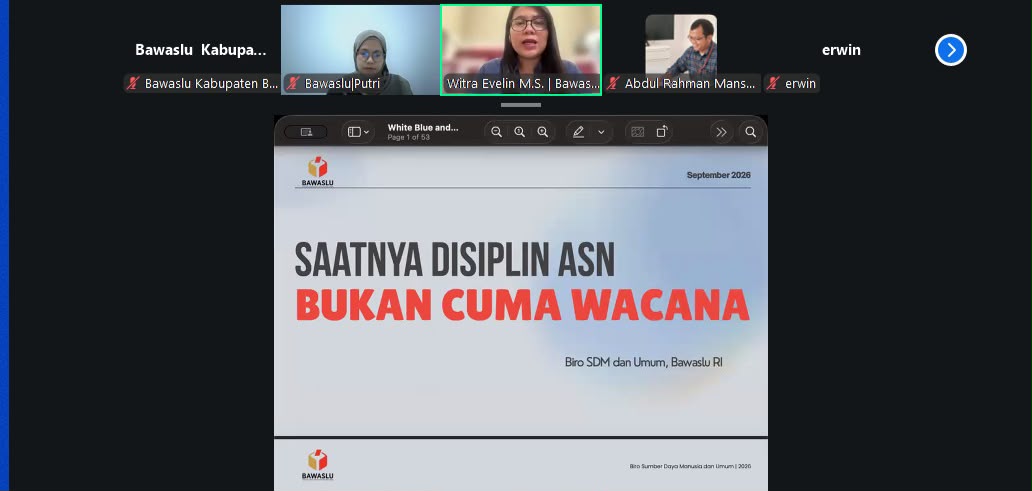 Bawaslu Kabupaten Bintan mengikuti sosialisasi Peraturan Disiplin, Pemberhentian, dan Upaya Administratif Aparatur Sipil Negara serta Pendelegasian Cuti ASN yang digelar Bawaslu RI secara daring, Jumat, 4 September 2026/Foto:Pemberitaan Bawaslu Bintan