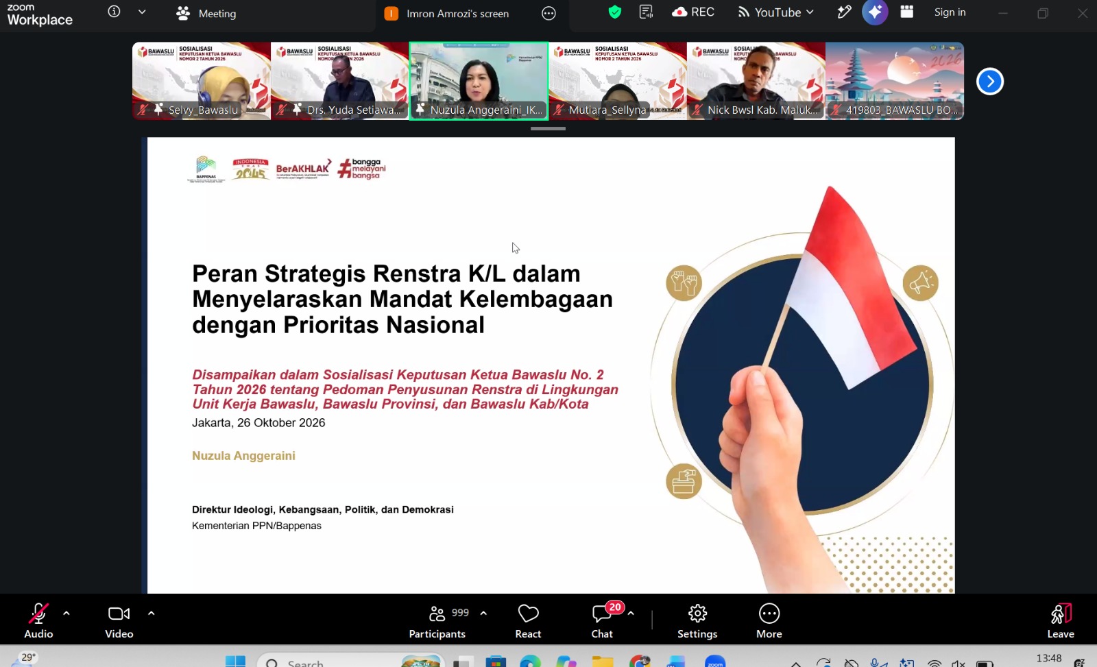 Direktur Ideologi, Kebangsaan, Politik, dan Demokrasi Kementerian PPN/Bappenas, Nuzula Anggraini, memaparkan materi dalam sosialisasi daring Keputusan Ketua Bawaslu Nomor 2 Tahun 2026 tentang Pedoman Penyusunan Renstra, Senin (26/10/2026)/Foto:Pemberitaan Bawaslu Bintan