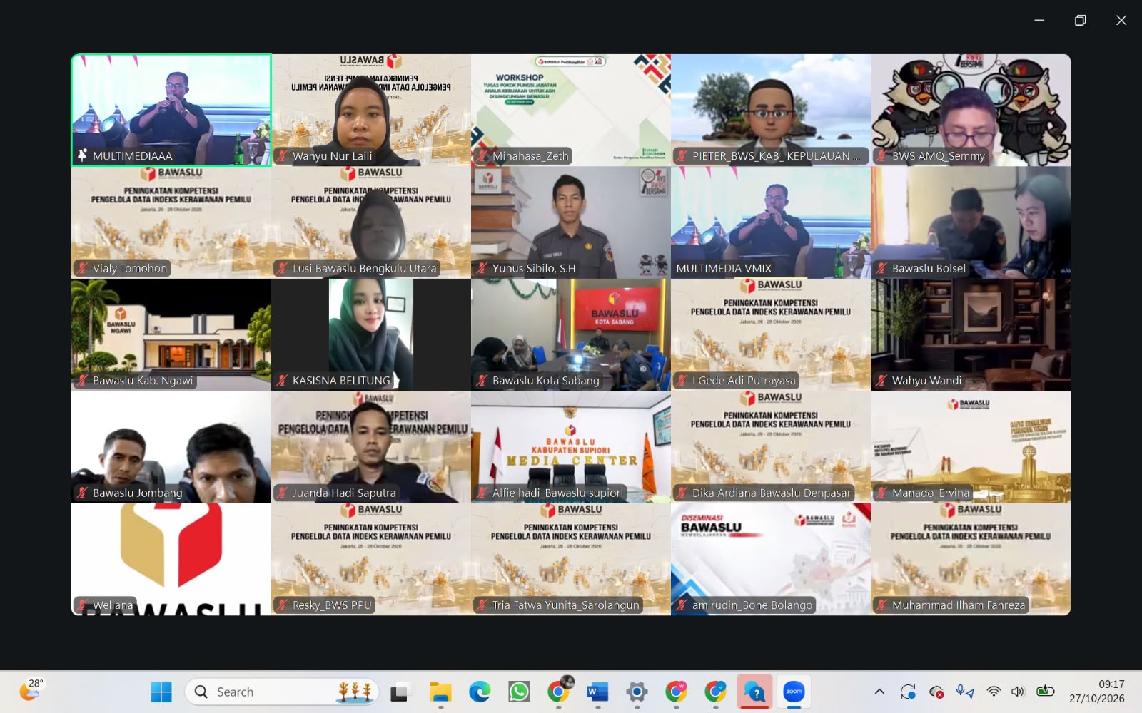 Rapat daring Bawaslu RI bertema Peningkatan Kompetensi Pengelola Data Indeks Kerawanan Pemilu (IKP), 26–28 Oktober 2026. Kegiatan ini diikuti oleh Bawaslu dari berbagai daerah/Foto:Pemberitaan Bawaslu Bintan