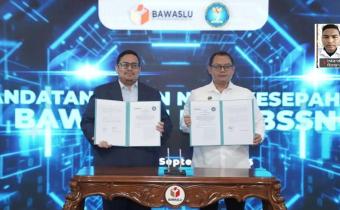 Ketua Bawaslu RI Rahmat Bagja dan Sekretaris Utama BSSN Mayjen TNI Soetedjo Joewono menunjukkan nota kesepahaman penguatan keamanan siber dalam kegiatan Sinergi Bawaslu-BSSN yang diikuti secara daring oleh Bawaslu Kabupaten Bintan, Rabu (9/9/2026)/Foto:Pemberitaan Bawaslu Bintan